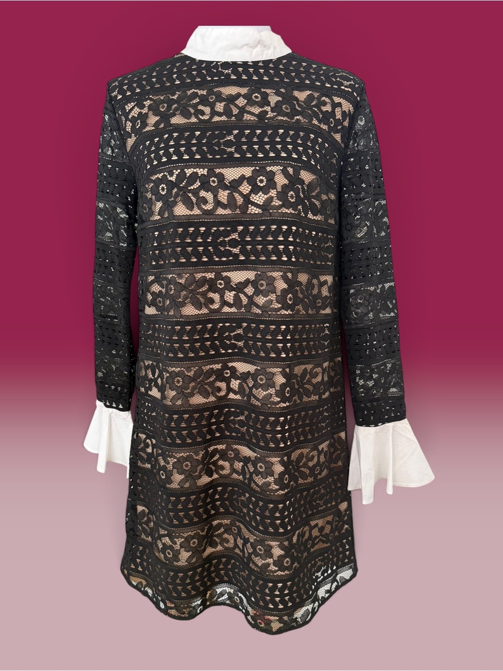 English Factory Black Lace Overlay Long-Sleeve Dress with White Cuffs